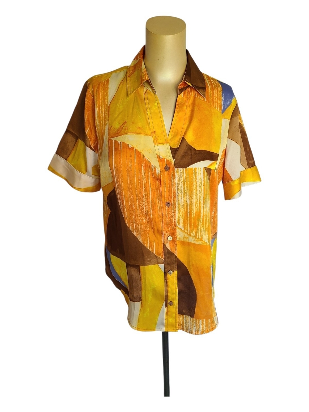 ​Worthington Abstract Geometric Short Sleeve Button Down Blouse Orange PM